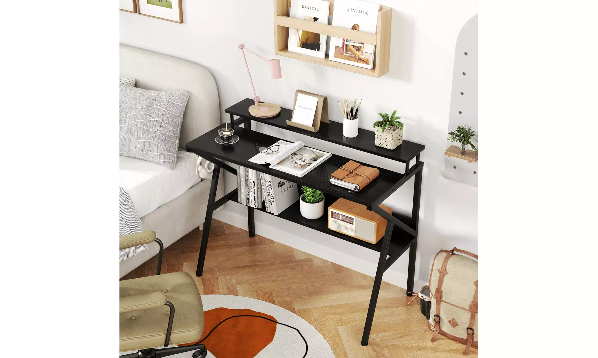 Costway Home Office Desk with Monitor Stand, Open Shelf and Metal Frame