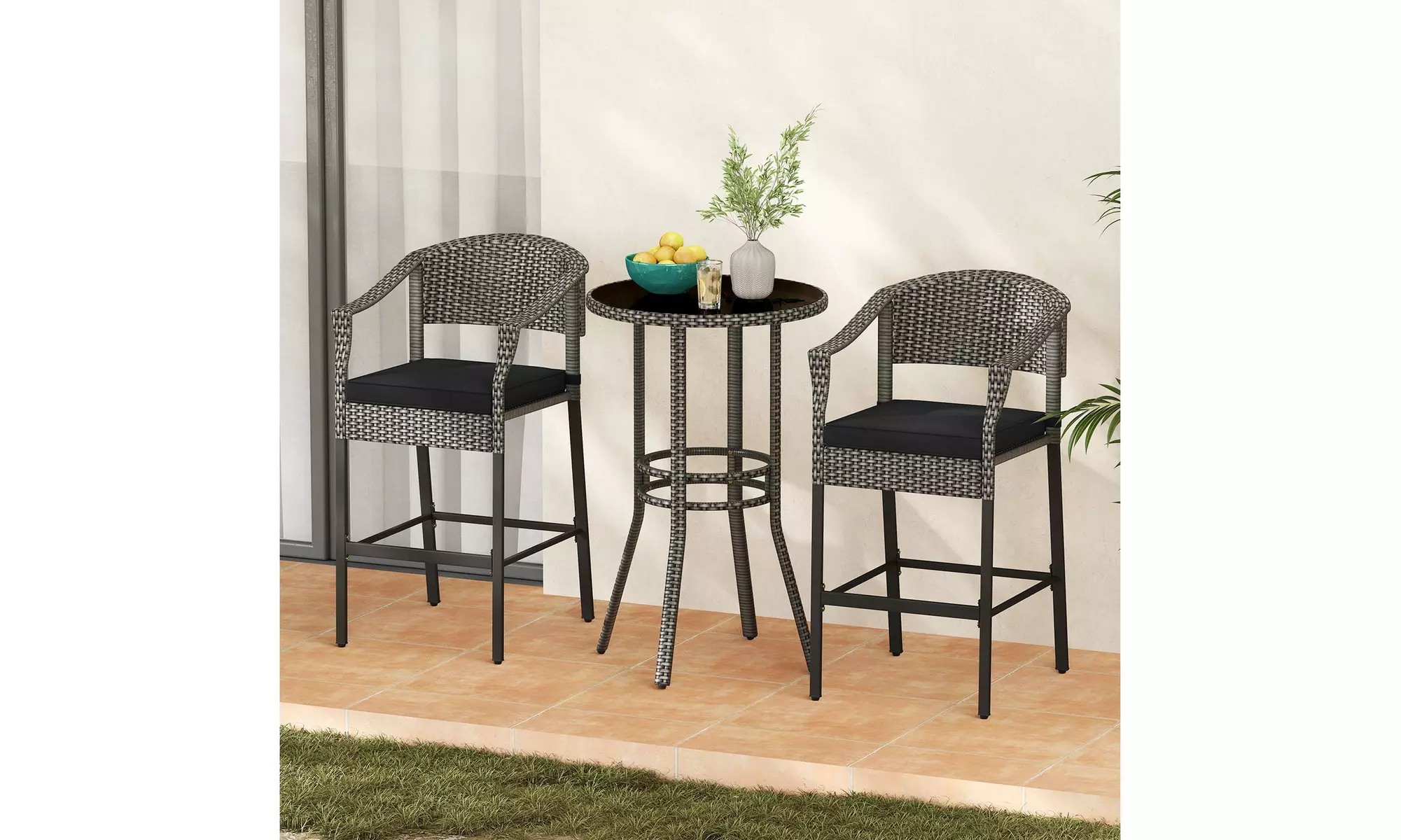 Costway 3-Piece Patio Rattan Bar Set Wicker Bar Height Armchairs and Round Table