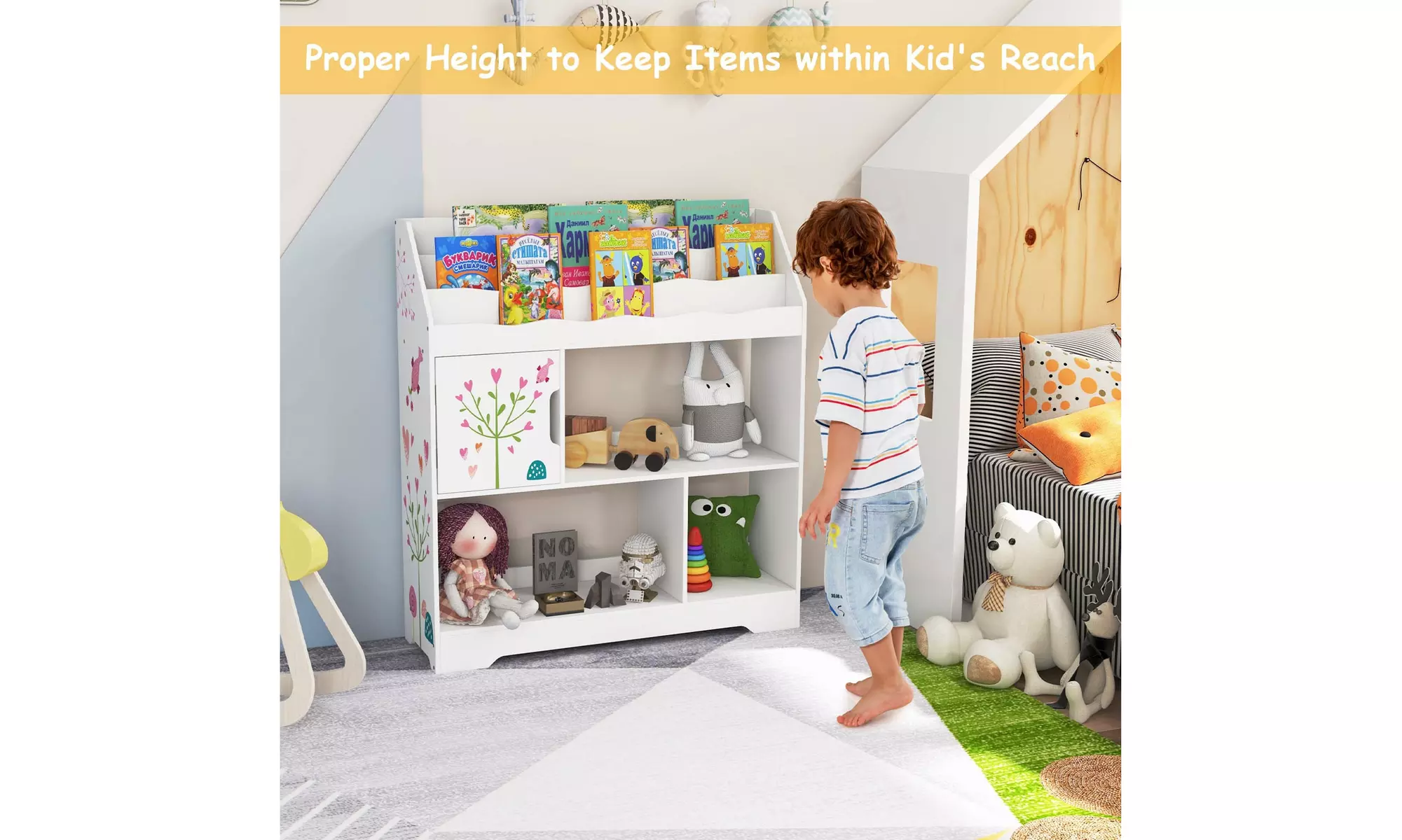 Costway Toy Storage Organizer Display Stand 3-In-1 Kids Toy Shelf w/ Book Shelf