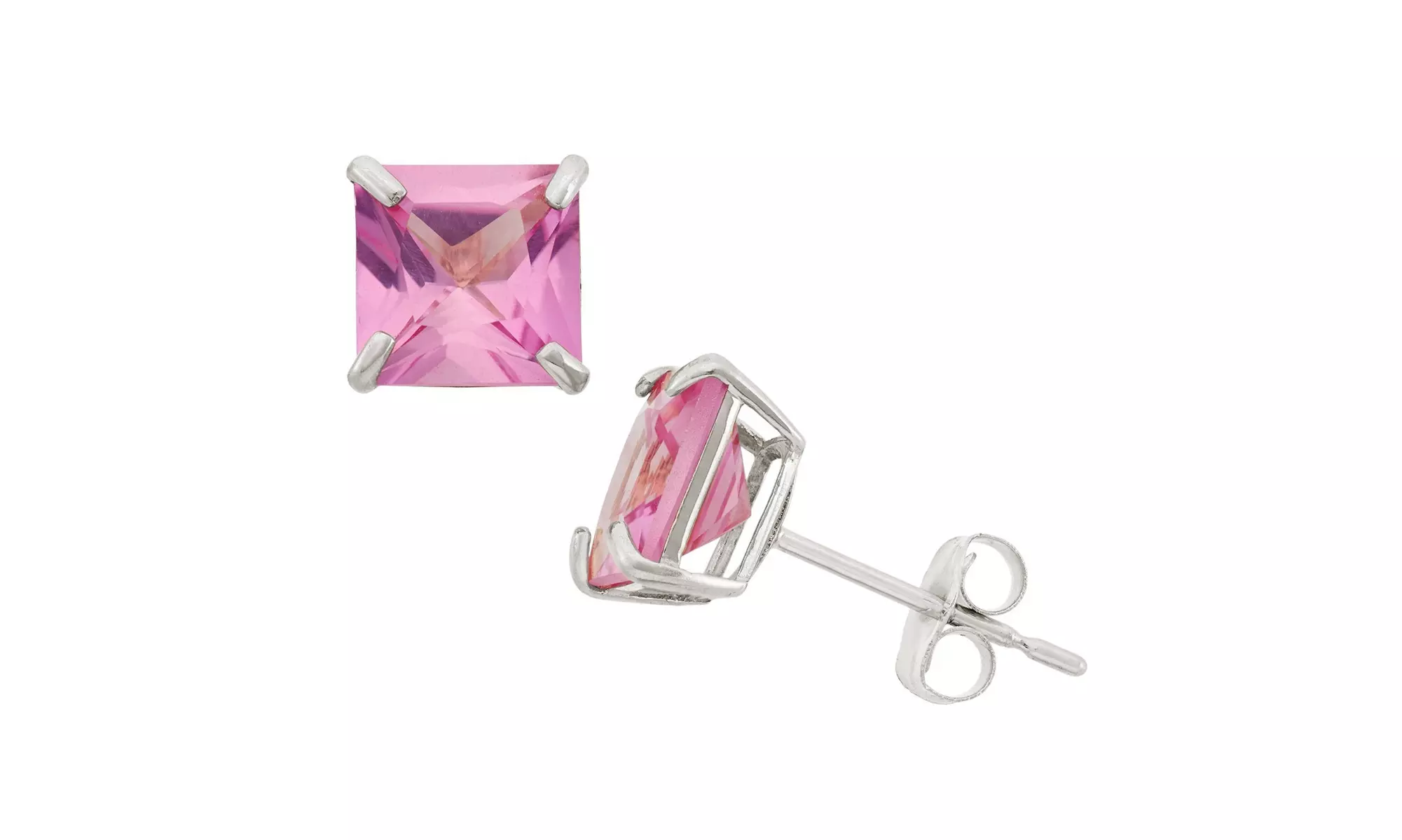 White Gold Plated 8mm Princess Light Pink Sapphire Stud Earrings - Primary Image