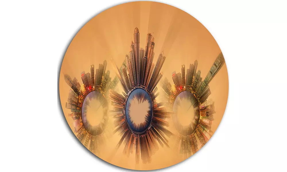 Miniature Earth Planets with Skyscrapers' Ultra GlossyAbstract Circle Wall Art - Second Medium