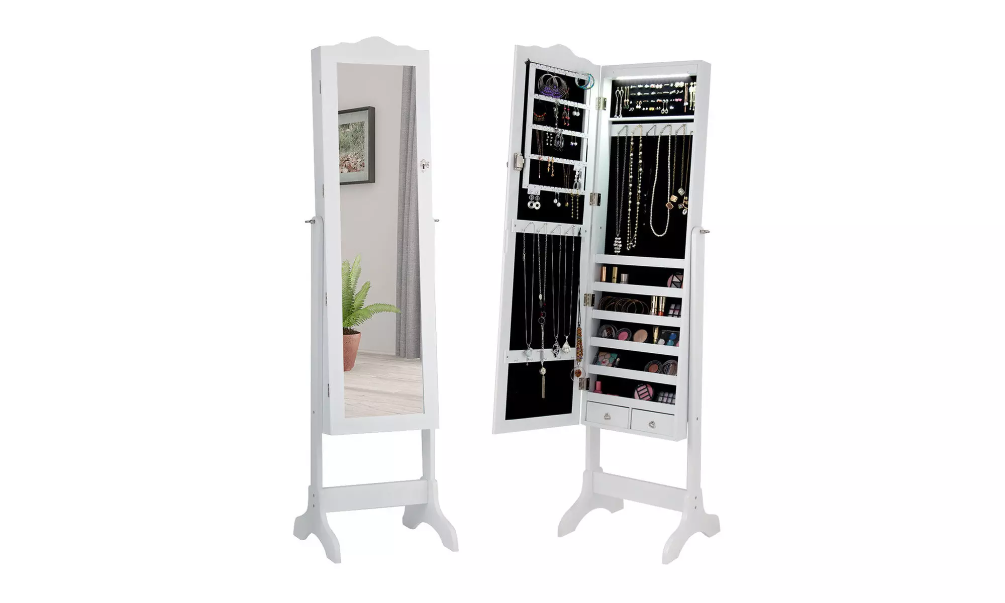 Mirrored Jewelry Cabinet Armoire Storage Organizer w/Drawer & Led Lights - Primary Image