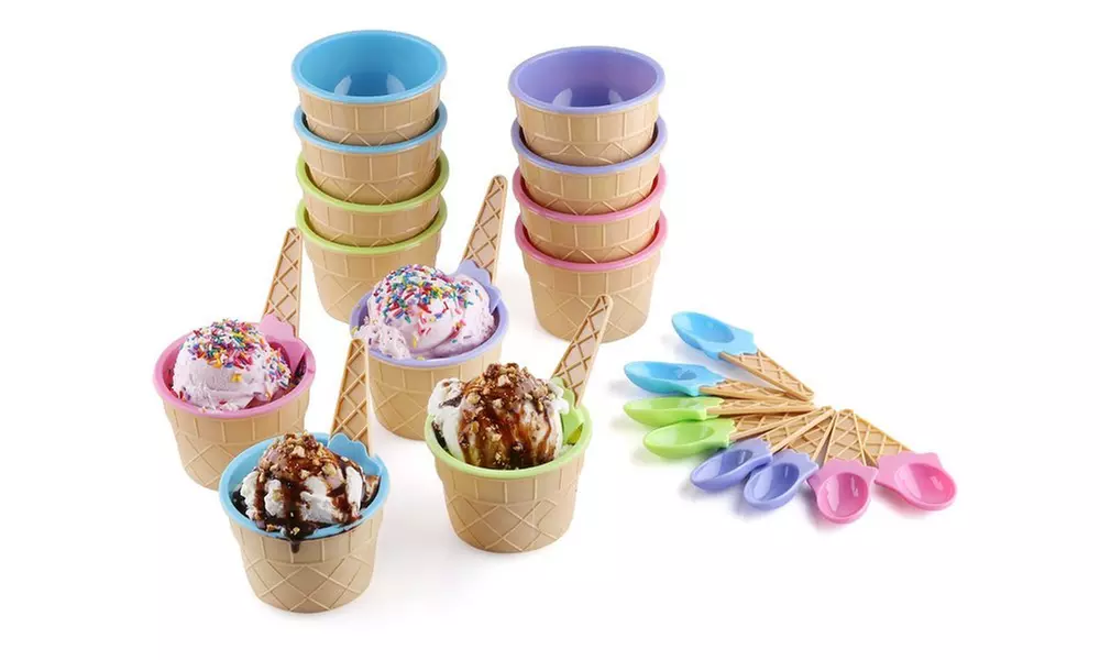 Set of 12 Vibrant Colors Ice Cream Dessert Bowls and Spoons - Primary Image