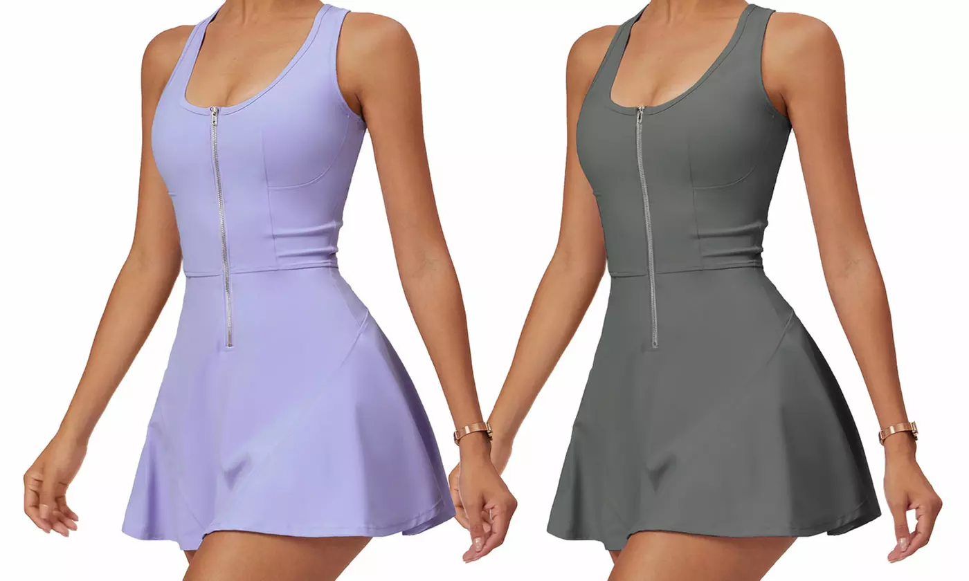 Women Tennis Athletic Zip Tank Dress with Shorts and Padded Bra