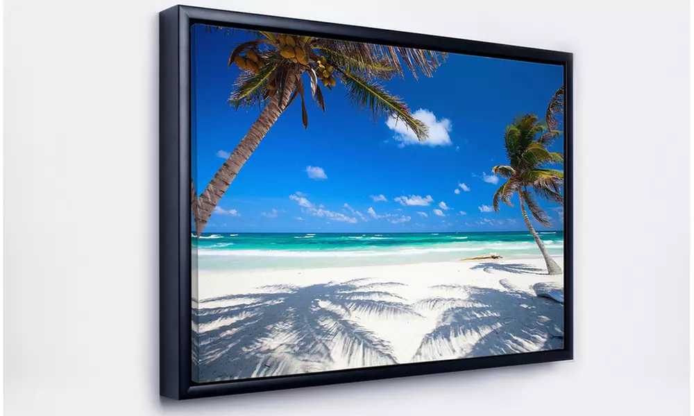 Coconut Palms at Beach - Photo Landscape Framed Canvas Art Print - Second Medium