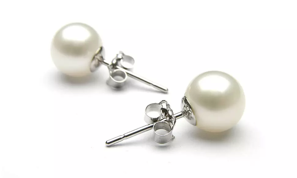 8MM White Pearl Stud Earrings in 18K White Gold