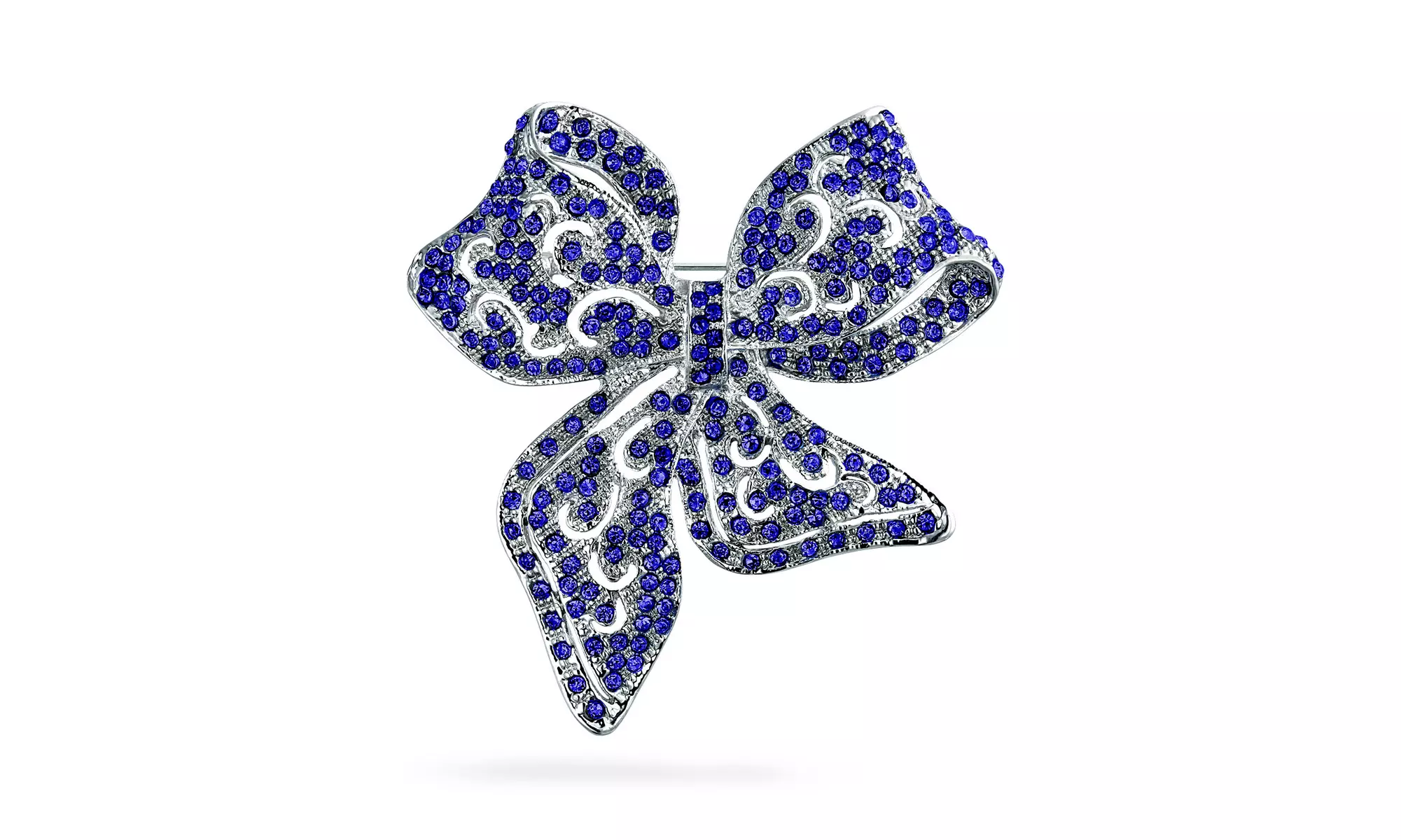 Large Statement Ribbon Filigree Crystal Bow Brooch Pin - Primary Image