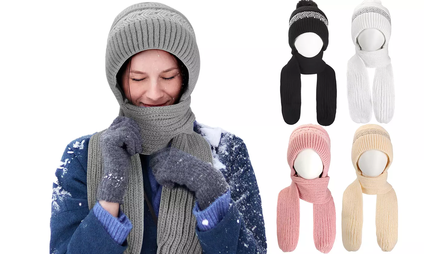 Women Winter Slouchy Knit Warm Hats Wool Cap Scarf Integrated Pullover Cap Cute - Primary Image