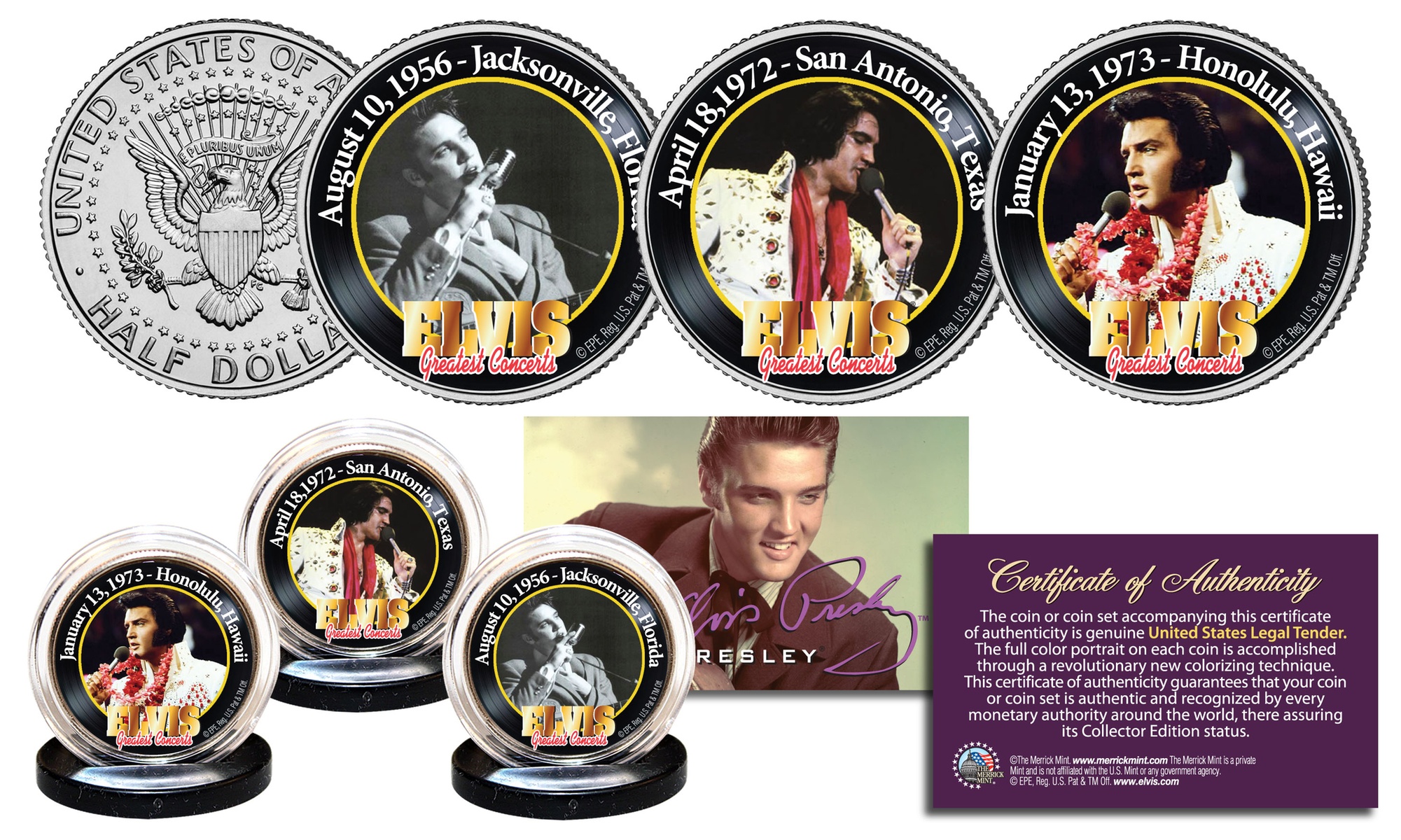 Elvis Presley Greatest Concerts JFK Half Dollar 3-Coin Set