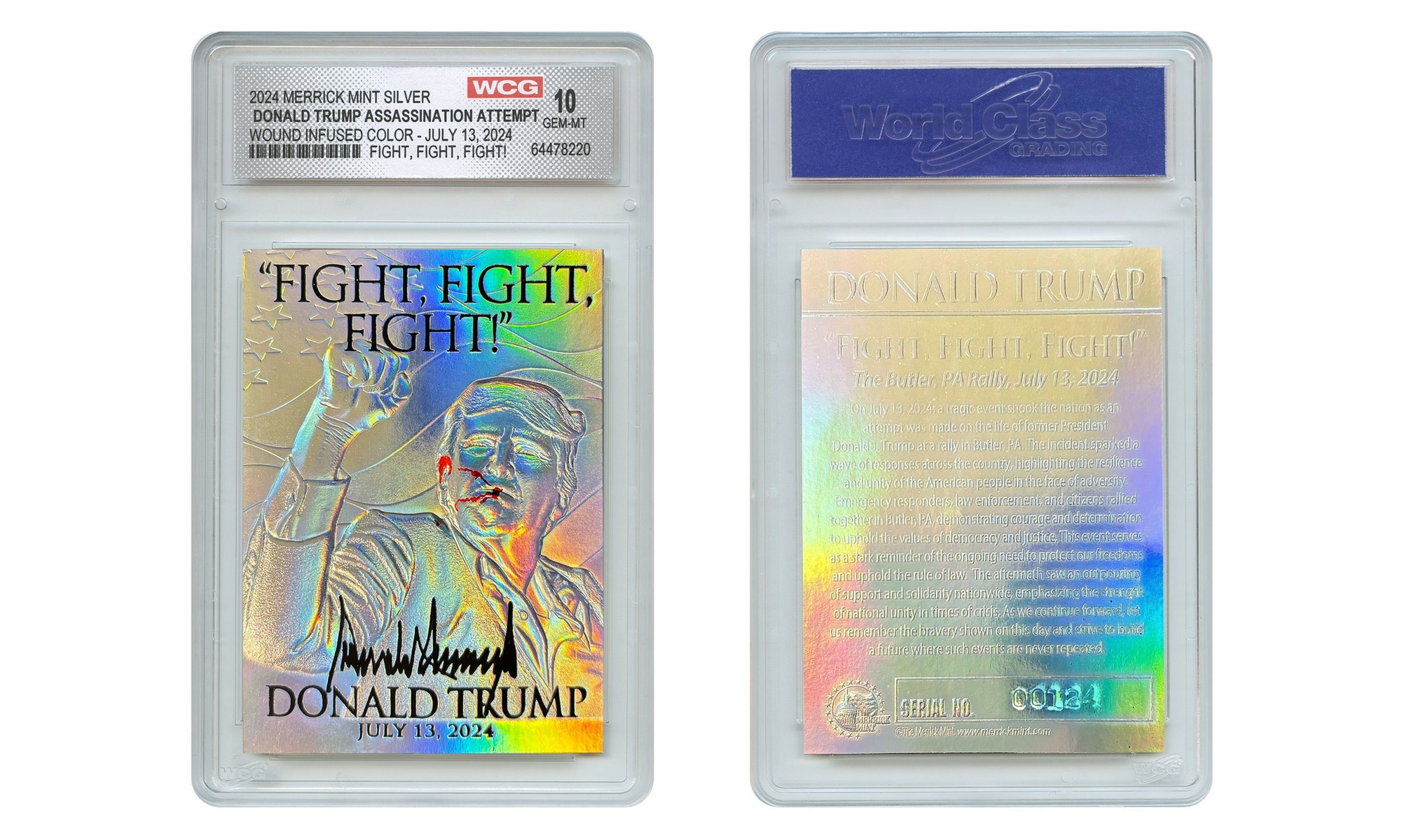 Donald Trump Assassination Fight Wound Infused Color SILVER Hologram Card Gem 10