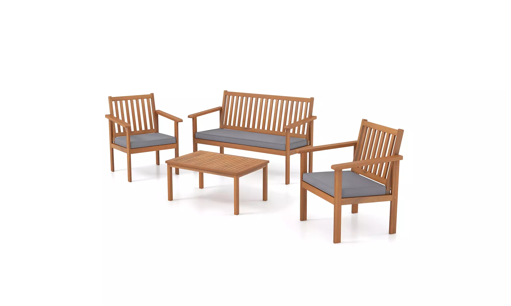 Costway 4 PCS Patio Wood Furniture Set with Loveseat, 2 Chairs & Coffee Table