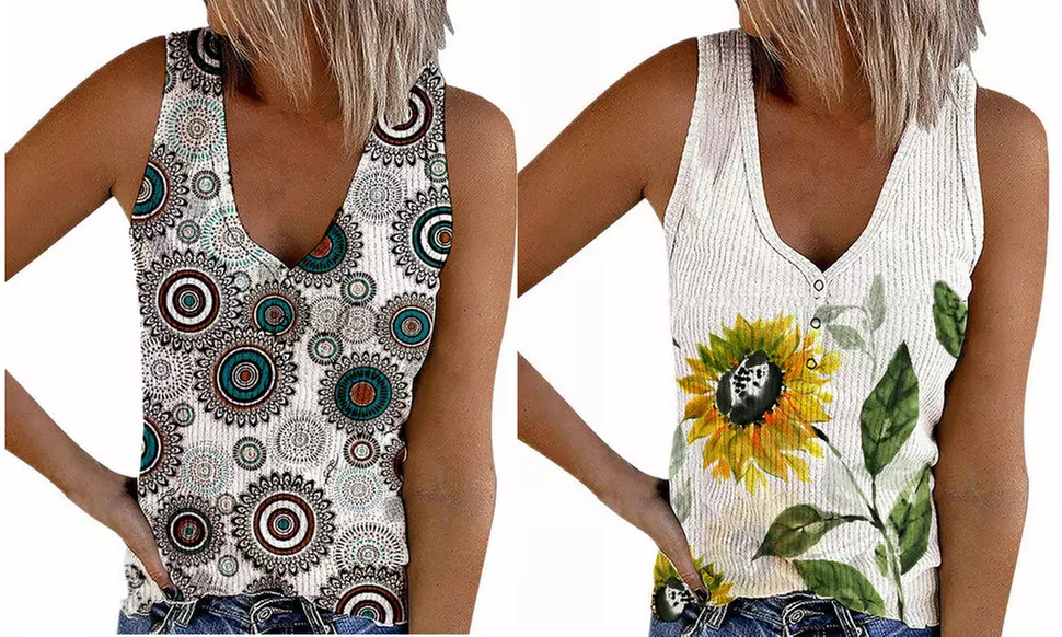 Womens V Neck Henley Tank Tops Button Up Sleeveless Novelty Shirts Tee Blouse - Primary Image