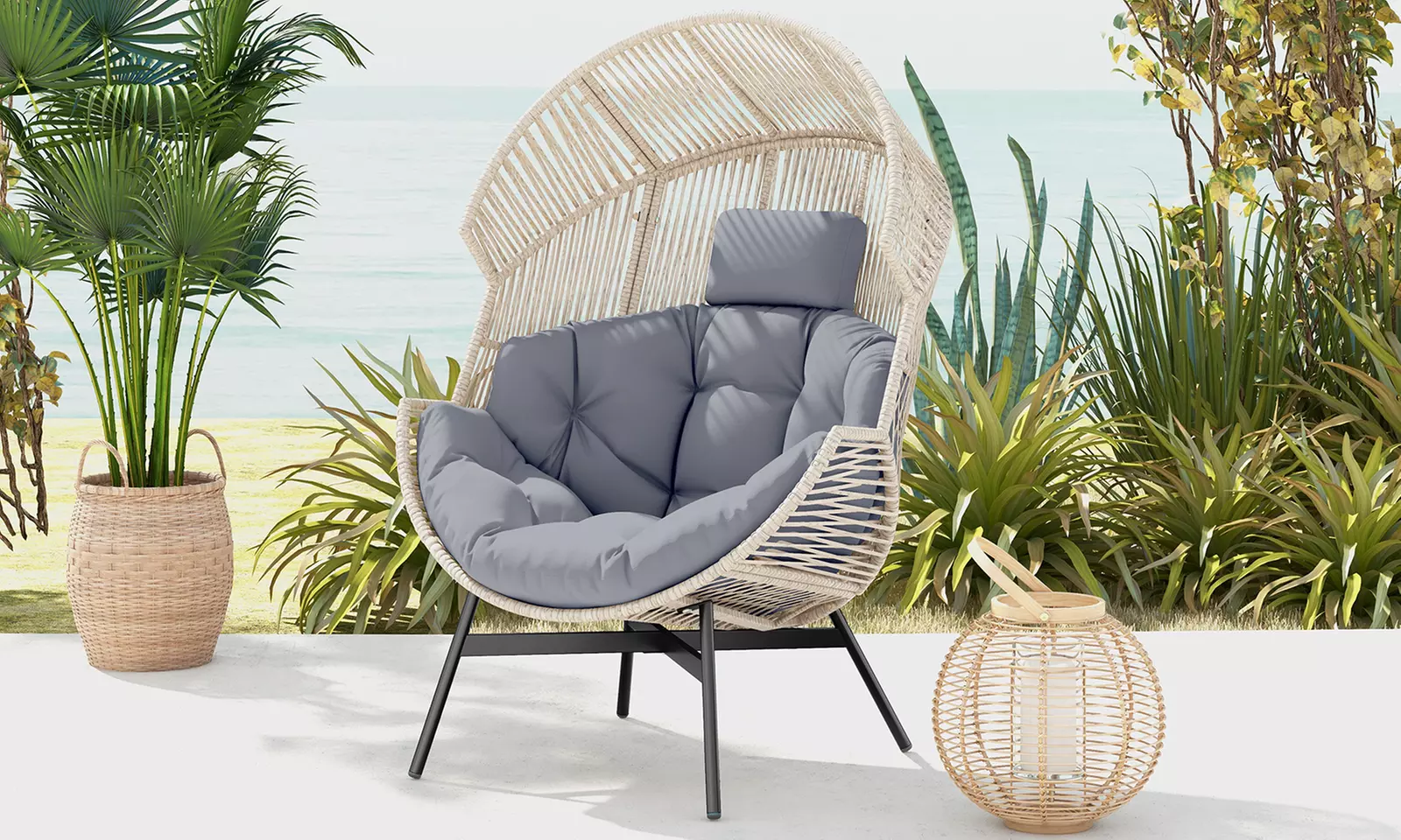 Costway Oversized Egg Style Chair w/ Cushions & Headrest Heavy-Duty Metal Frame - Primary Image