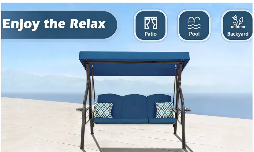 3-Seat Outdoor Porch Swing with Stand  with Canopy Pillows and Cup Holder