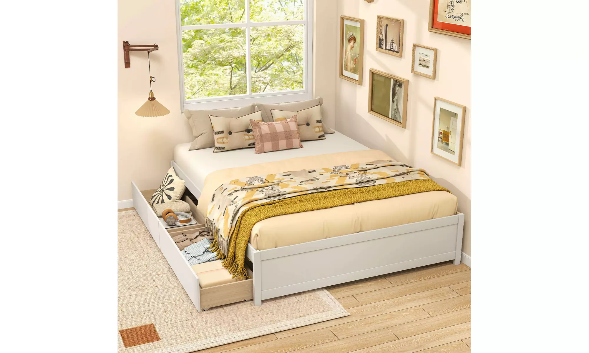Costway Wooden Platform Bed Frame with 2 Rolling Storage Drawers