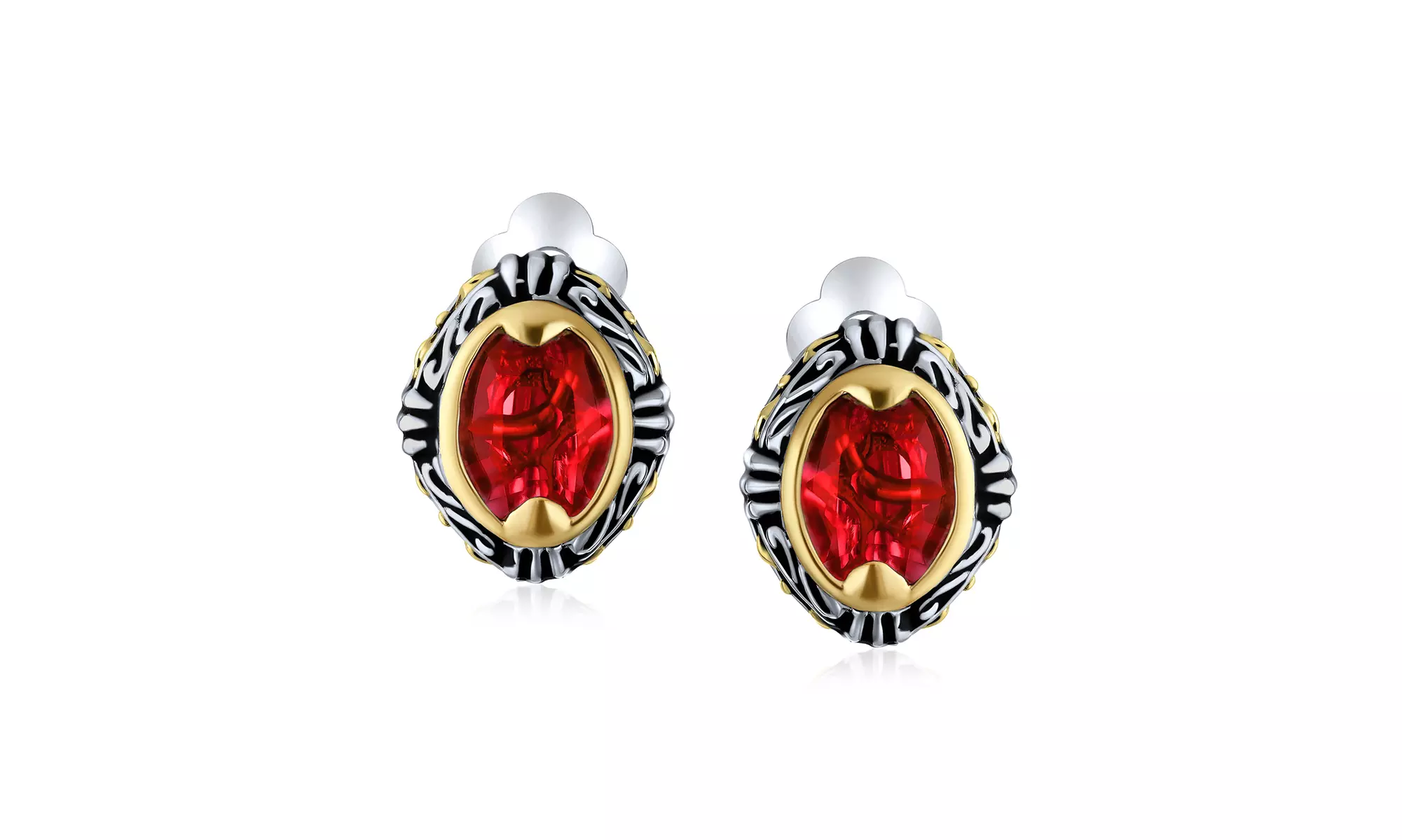 Bali Style Crystal Oval Two Tone Clip On Earrings Imitation Gemstone - Primary Image