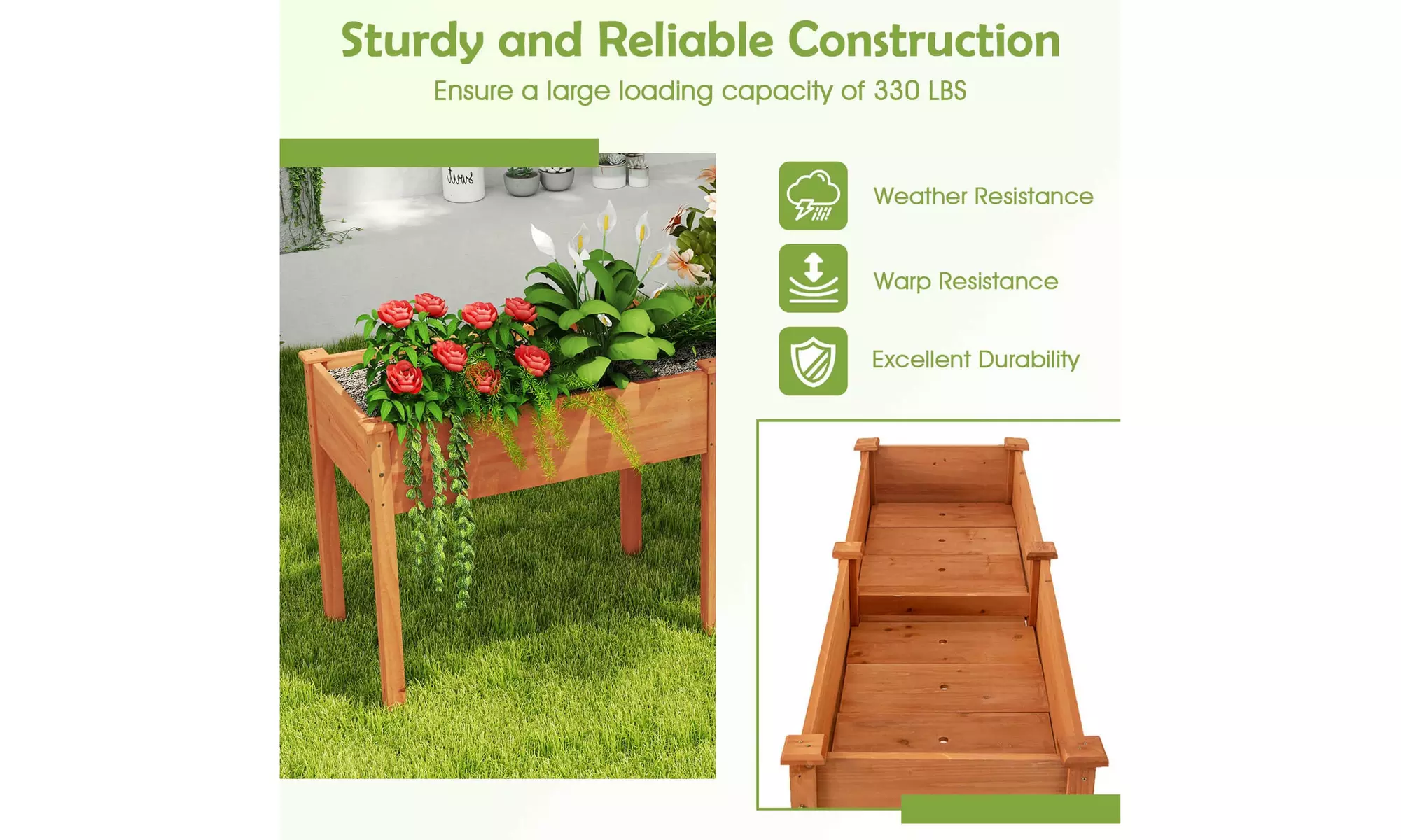 Costway Outdoor Raised Garden Bed with Legs Wood Planter Box with Divider Panel