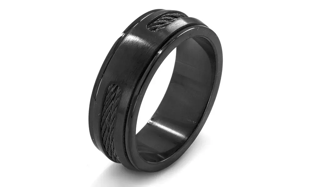 Men's Black Plated Stainless Steel Cable Inlay Band Ring - Primary Image