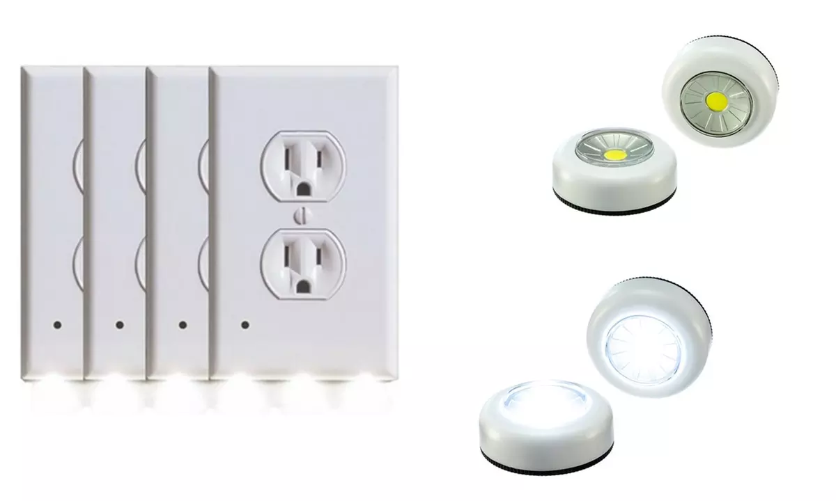 4 Led Outlet Cover Night Lights & 4 COB 120 Lumen Push Lights Set - Primary Image