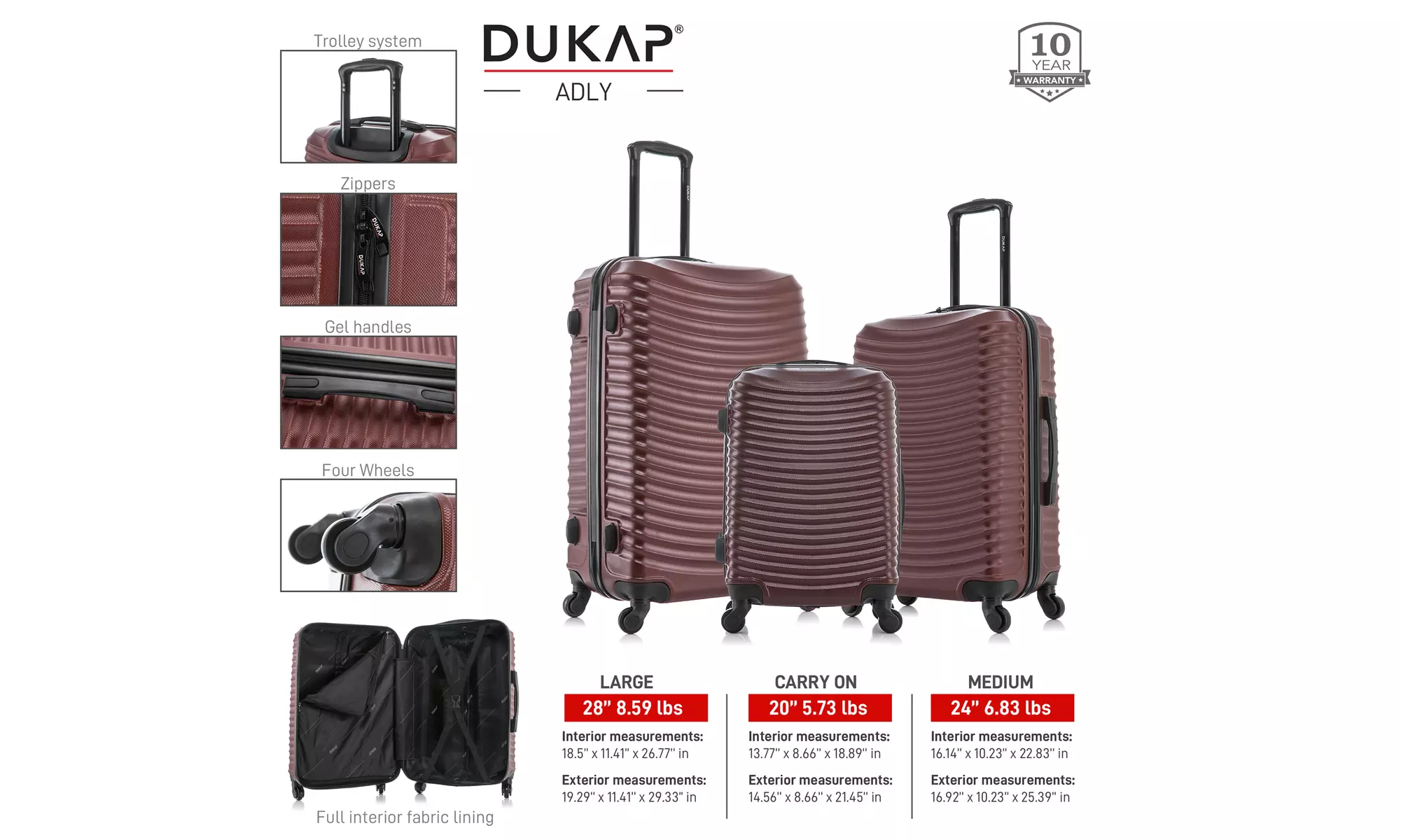 DUKAP Adly Lightweight Hardside Spinner 3 Piece Luggage Set 20"/24"/28"