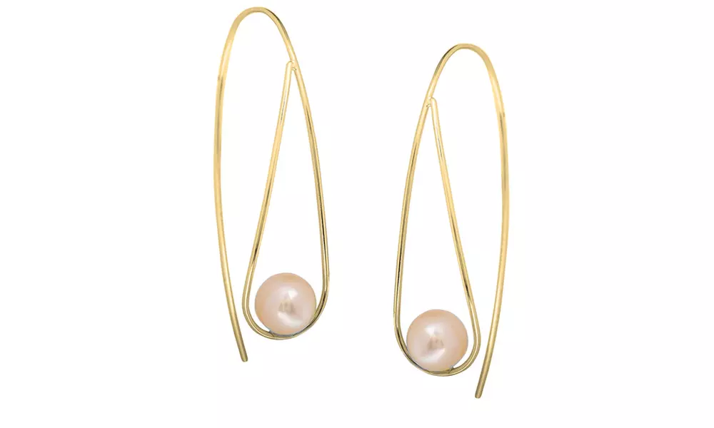 Genuine Floating Pearl Threader Hoop Earrings in Sterling Silver  - Second Medium
