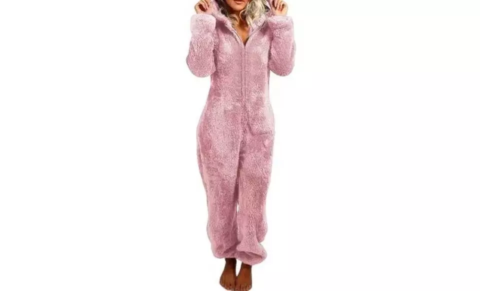 Leo Rosi Women's Fuzzy Plush Sherpa Lounge Onesie Jumpsuit PJs with Hood (S-XXL) - Second Medium
