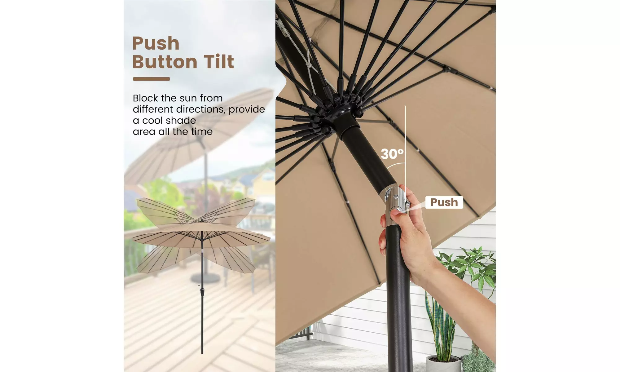 Costway 9 FT Round Patio Umbrella with Push Button Tilt & Crank Handle