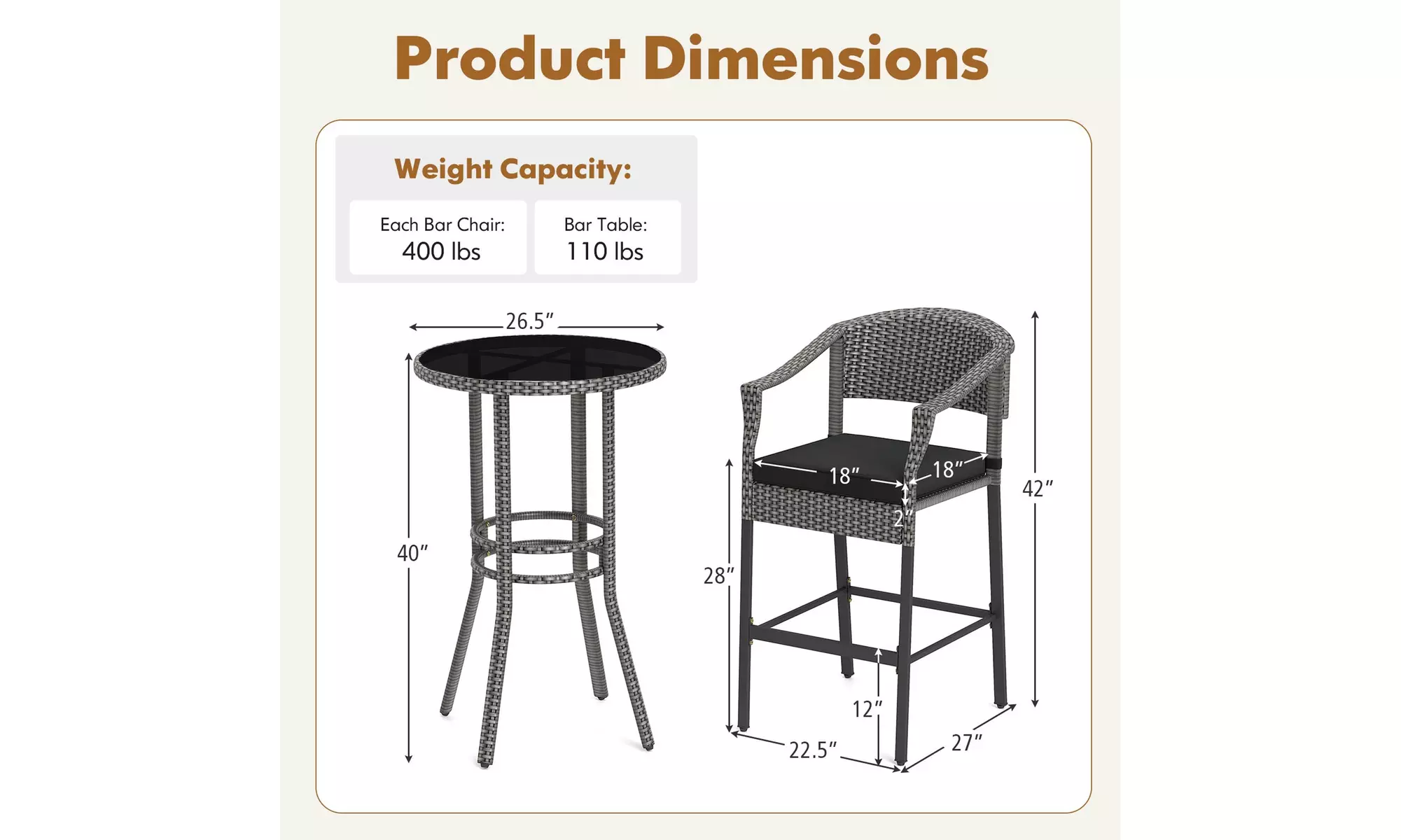 Costway 3-Piece Patio Rattan Bar Set Wicker Bar Height Armchairs and Round Table
