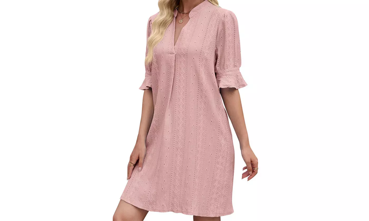 Women's V Neck Ruffled Half Sleeves Shift Dress Flowy Summer Beach Cover Up