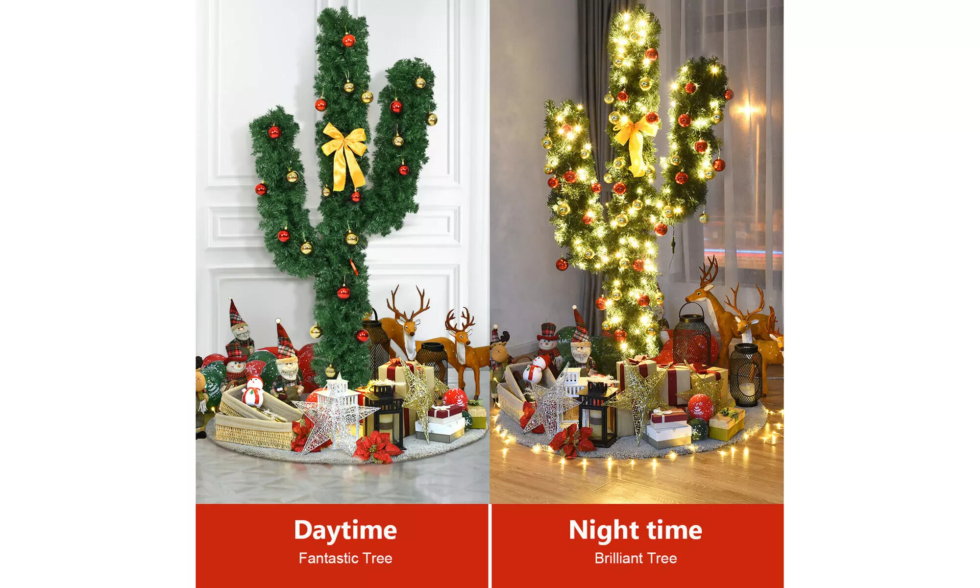 Costway 7Ft Pre-Lit Cactus Artificial Christmas Tree w/LED Lights and Ball 