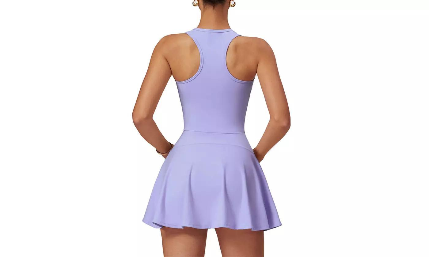 Women Tennis Athletic Zip Tank Dress with Shorts and Padded Bra