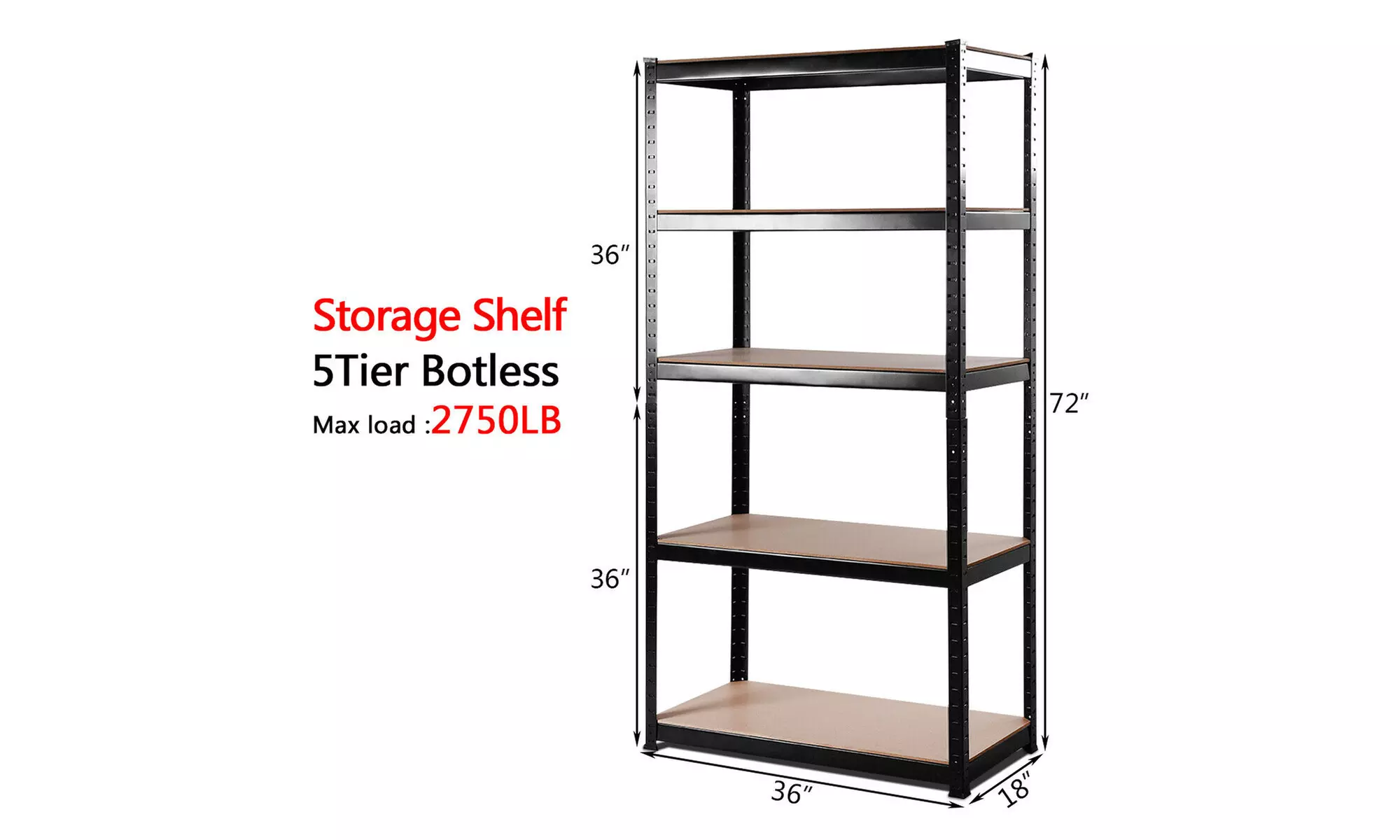 72"x36" Heavy Duty 5 Level Garage Shelf Storage Adjustable Weight Up to 2750Lbs