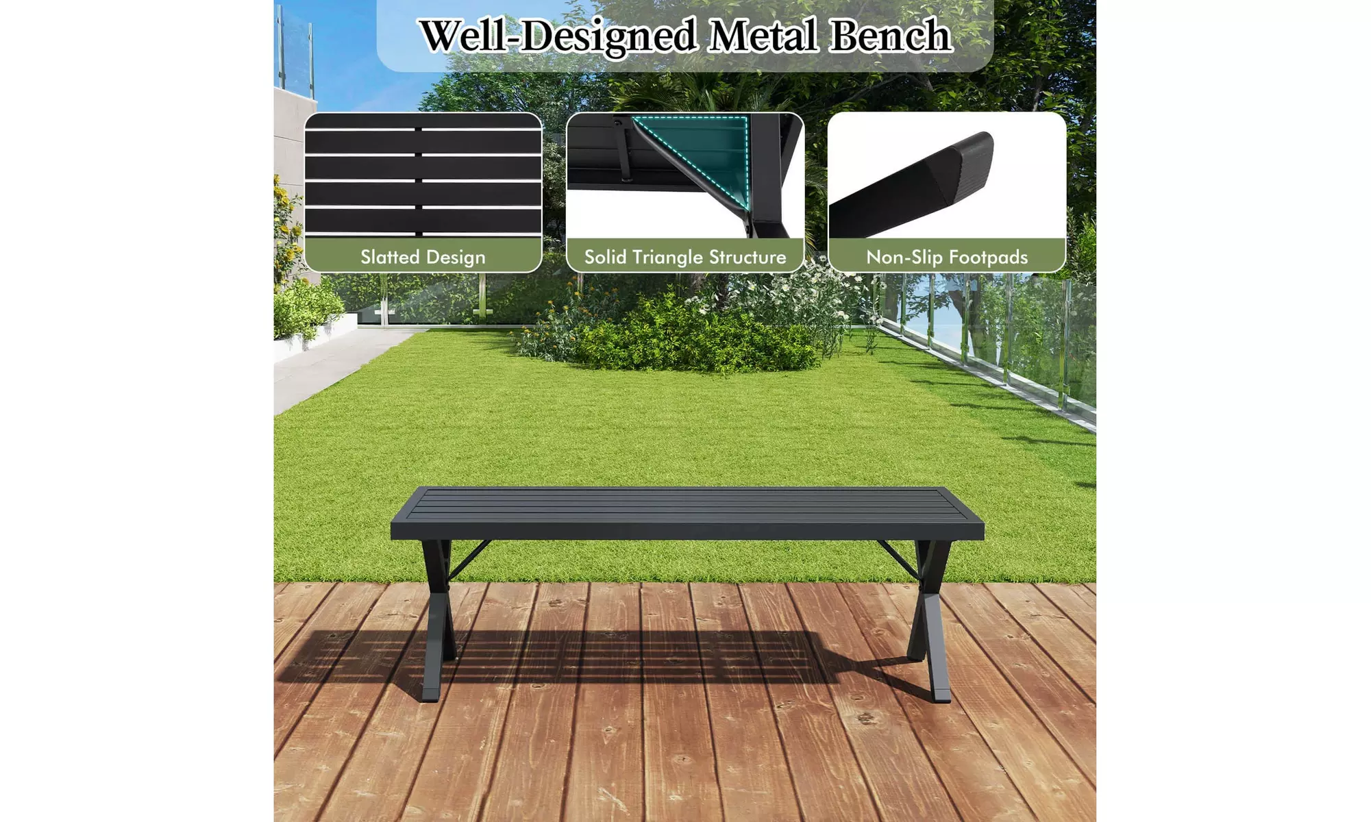 Costway 54 Inch Patio Metal Bench with Slatted Seat and X Legs Backless Loveseat