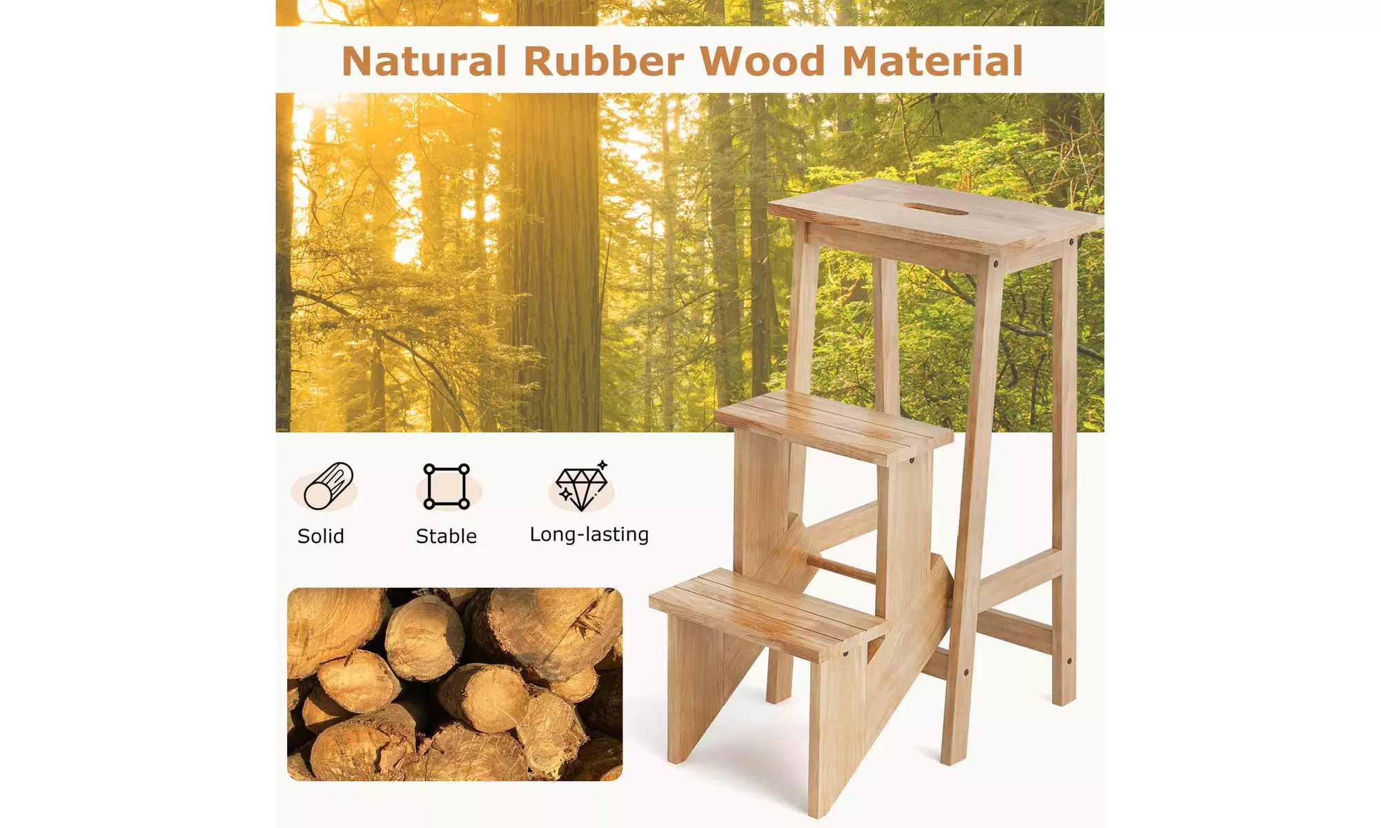Costway Three-Tier Multi-Functional Foldable Wooden Step Stool