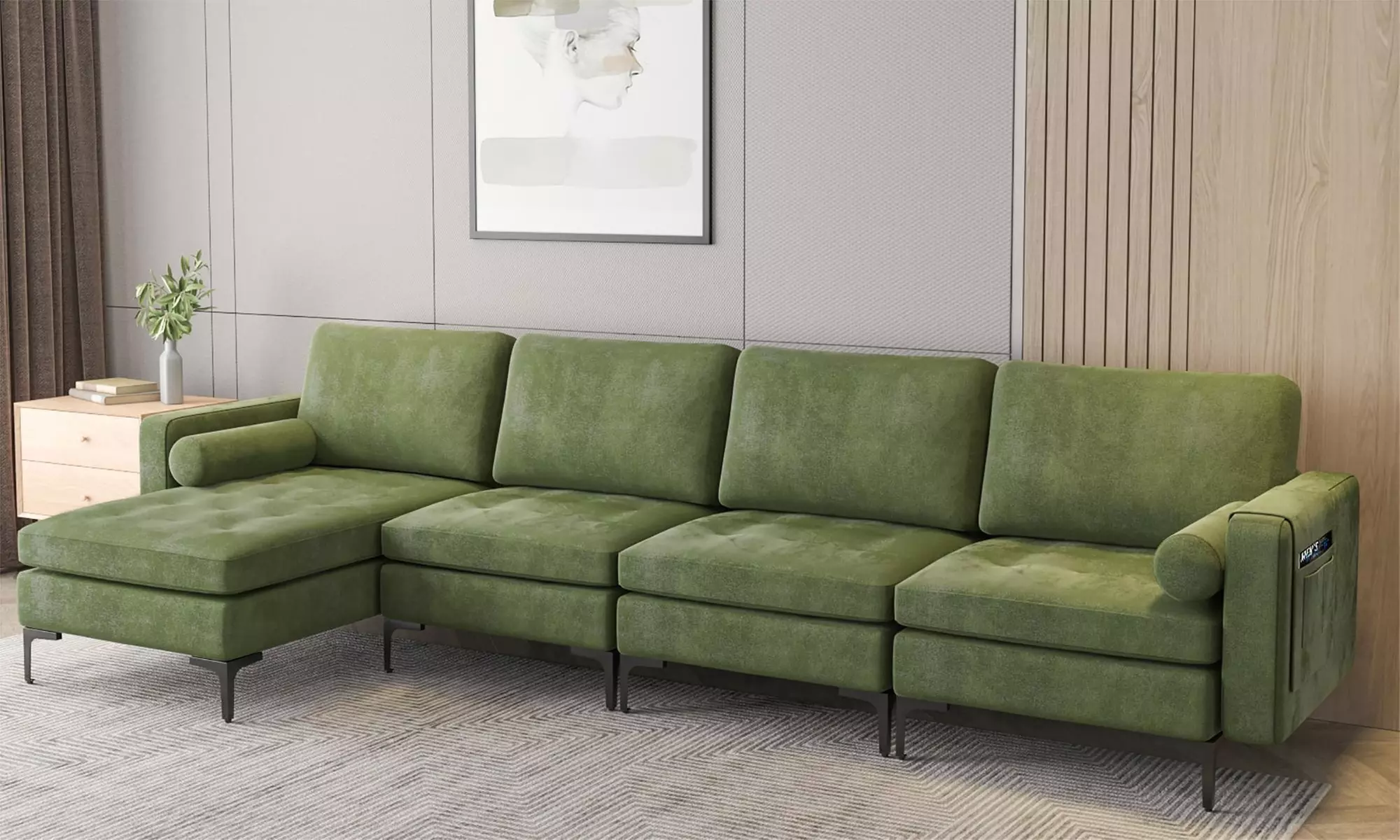 Costway Modular L-shaped Sectional Sofa Reversible Chaise 4 USB Ports Army Green - Primary Image