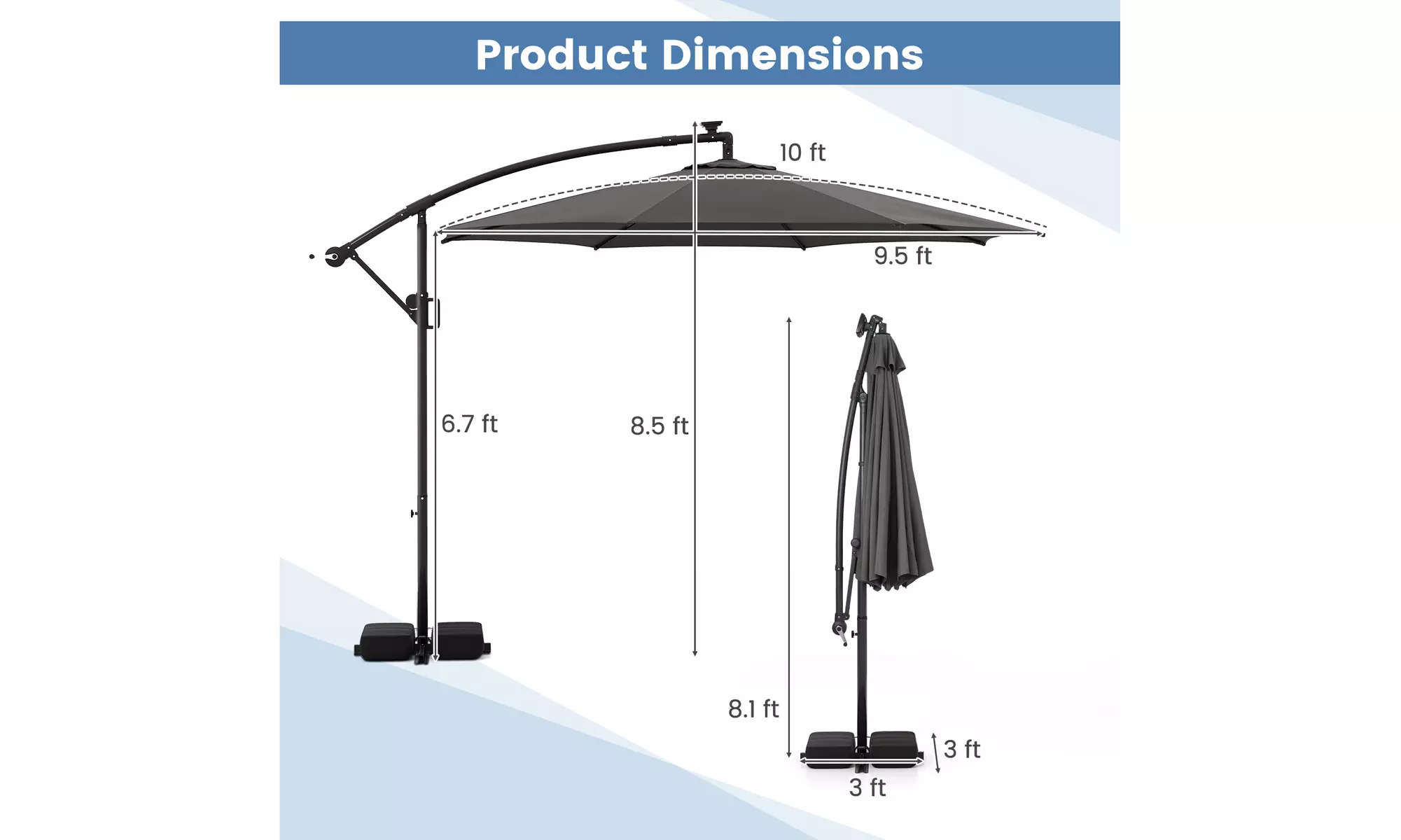Costway 10 FT Solar Offset Hanging Umbrella with Base