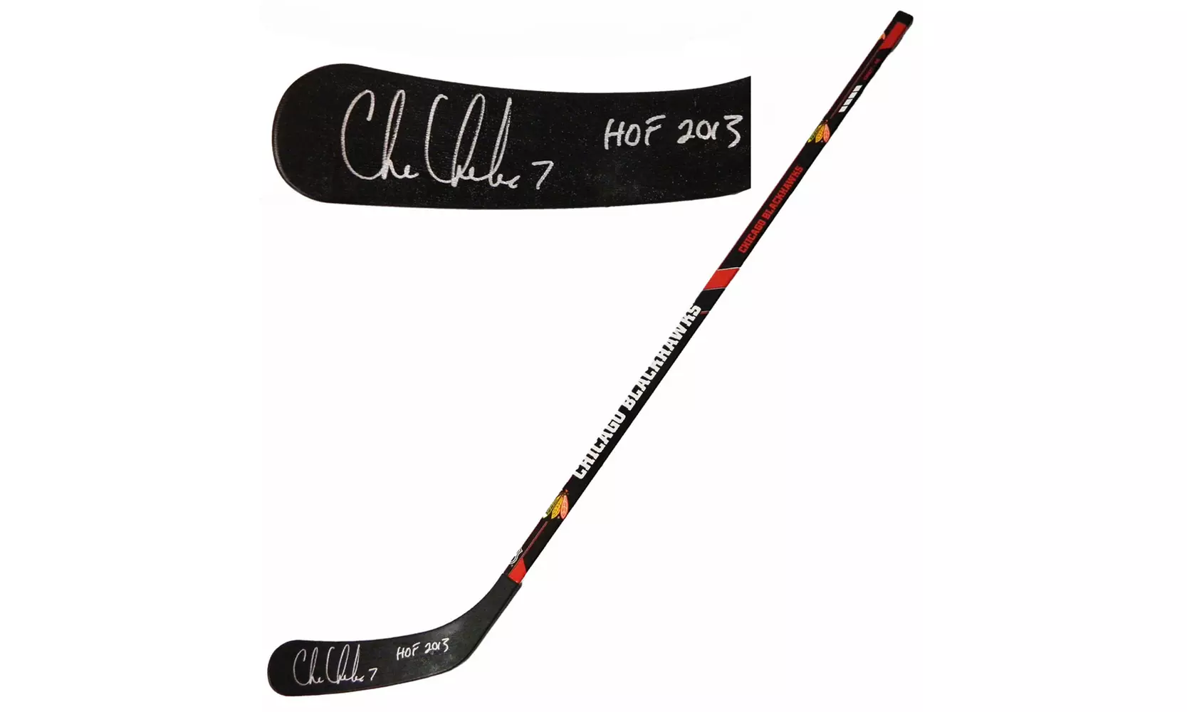 Chris Chelios Signed Hawks Logo 48 Inch Full Size Hockey Stick w/HOF 2013 - Primary Image