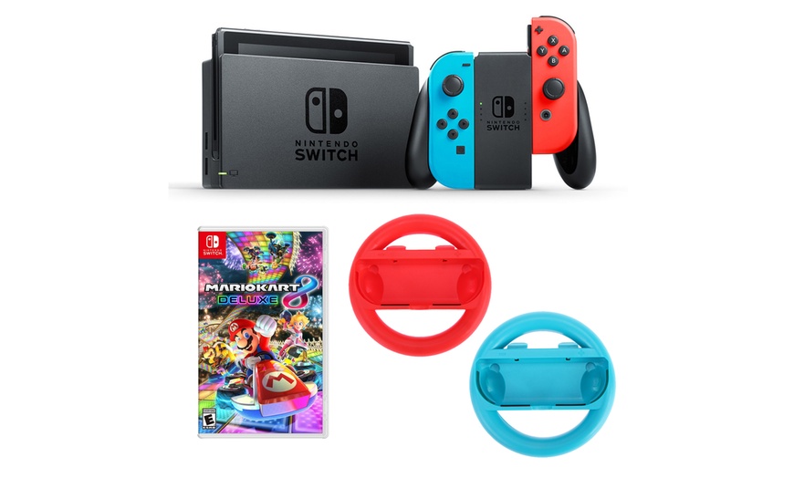 Nintendo Switch Neon Console W Mario Kart 8 Deluxe Edition And Wheel Bundle Groupon