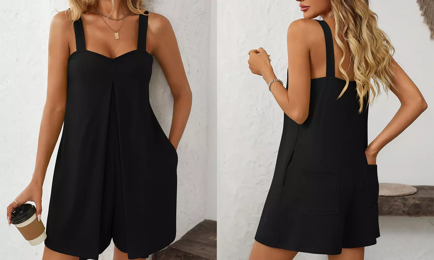 Women's Casual Sleeveless Wide-Leg Romper Jumpsuit with Pockets