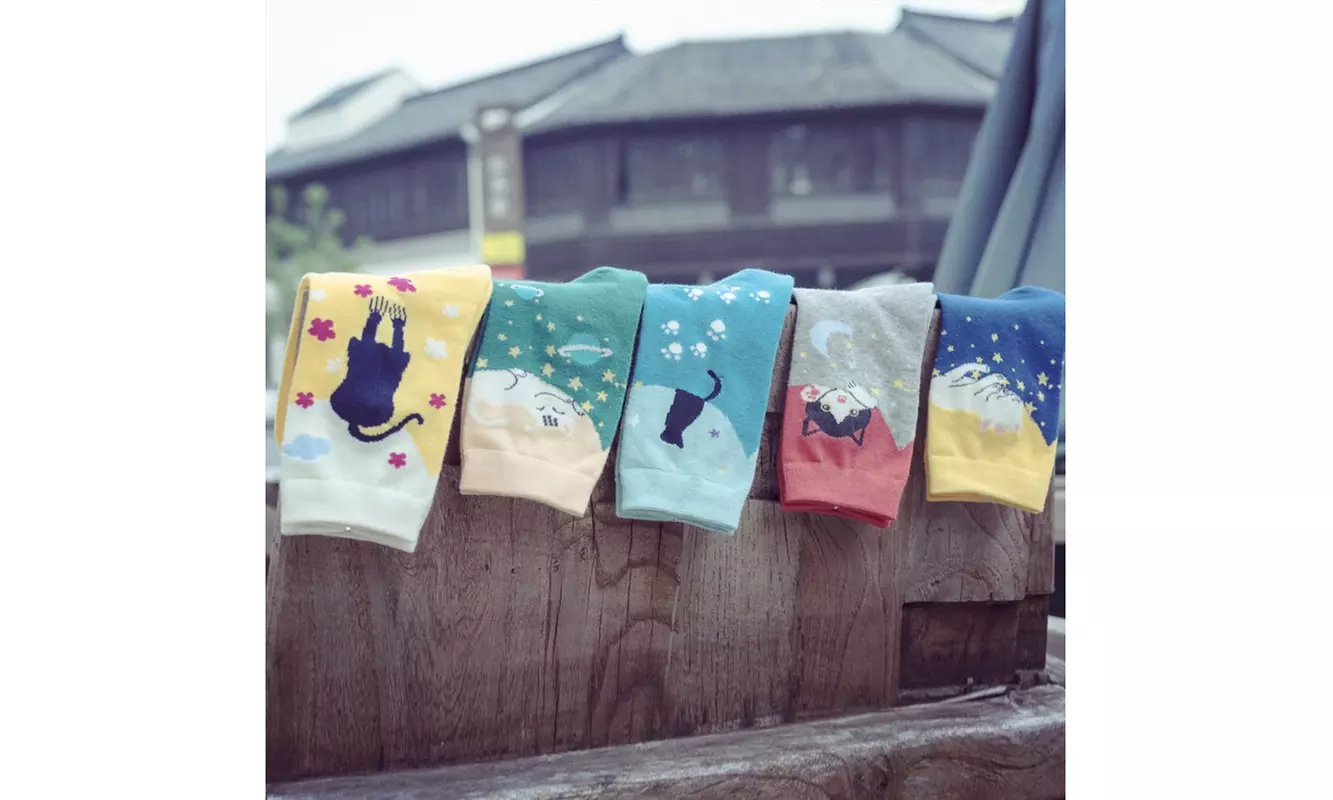 5 Pairs Cute Cat Design Casual Comfortable Cotton Crew Socks For Women - Second Medium
