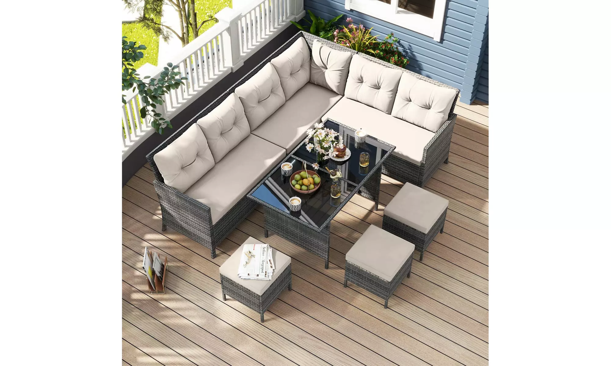 Costway 7-Piece PE Rattan Patio Dining and Sectional Sofa Set