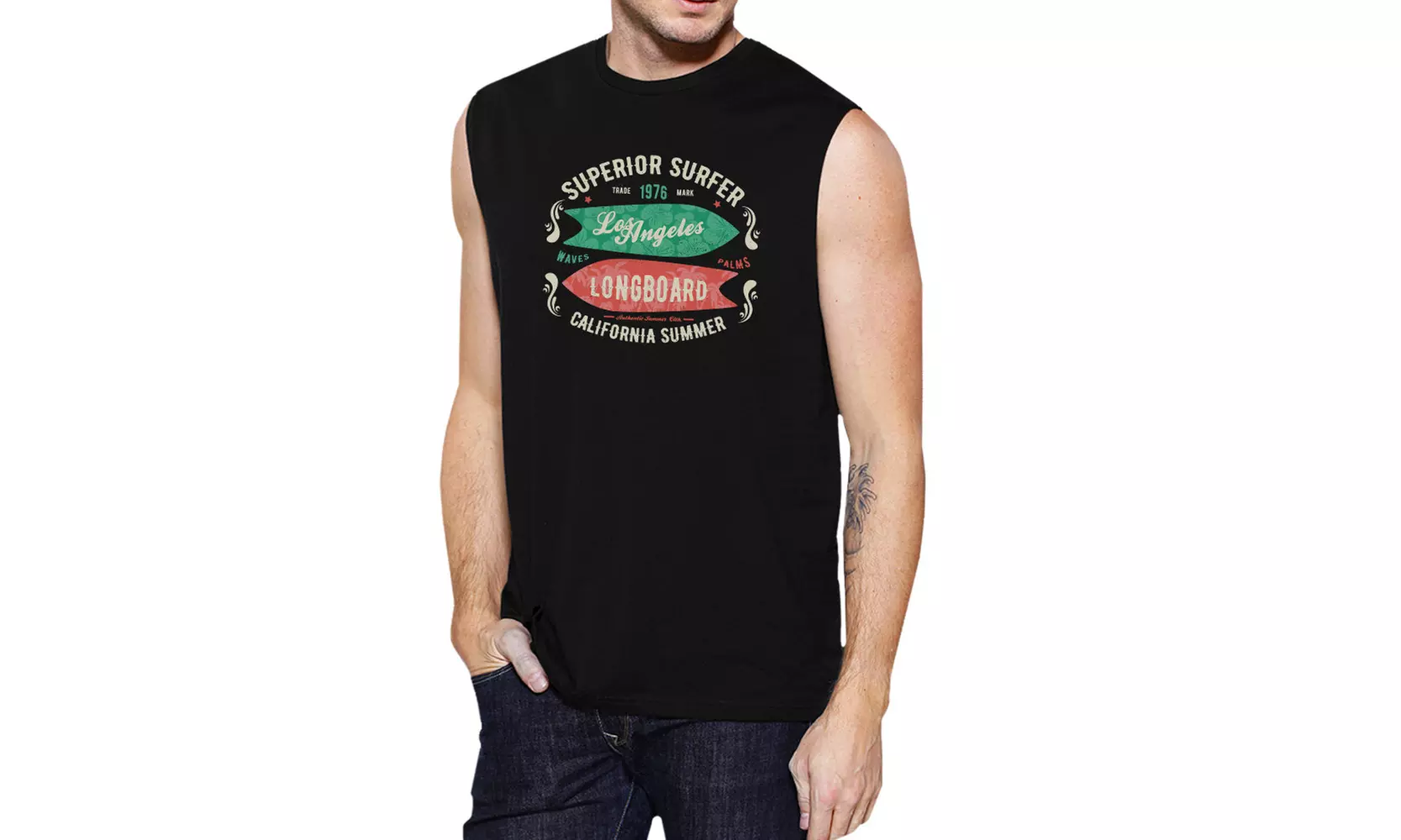 365 Printing Superior Surf Longboard Men Black Muscle Tee Vintage Sleeveless Top - Primary Image