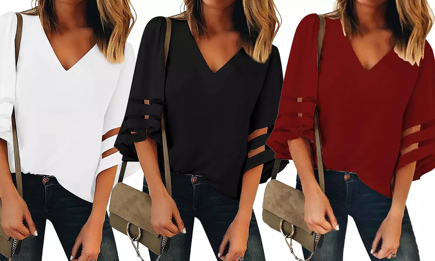 Womens Casual Top V Neck Shirt Woven Panel Pleated 3/4 Bell Sleeve Blouse - Primary Image