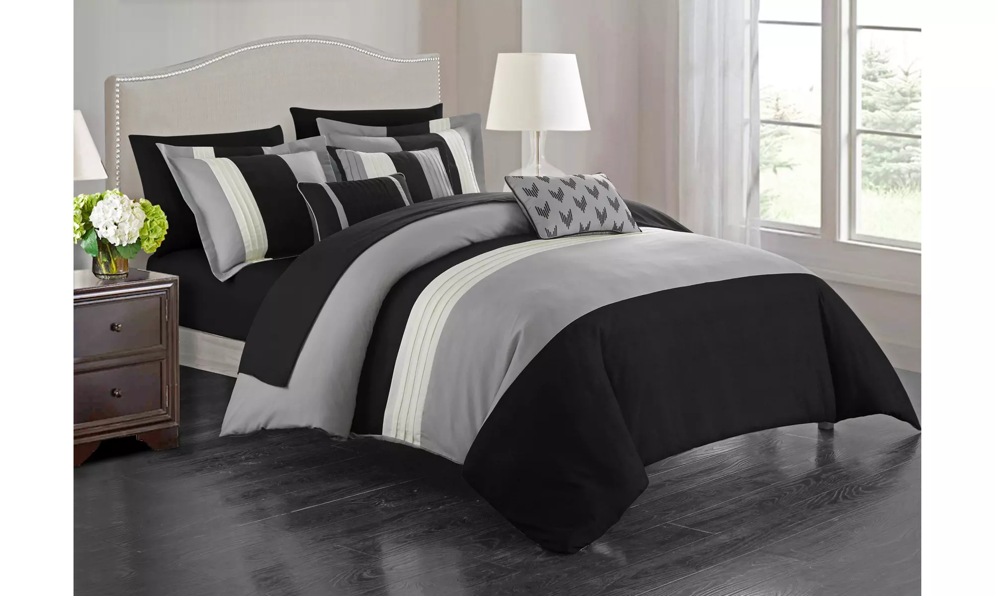 Anara 10 or 8 Piece Comforter Set Color Block Ruffled - includes Sheet - Second Medium