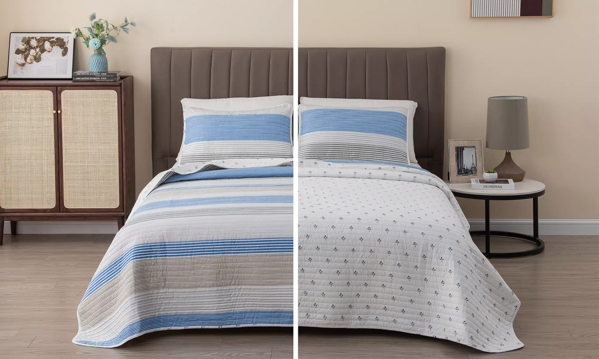 Striped Microfiber Reversible Quilt Set With Shams - Second Medium