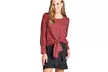 long sleeve round neck front self tie multi stripe print woven Burgundy top - Second Medium