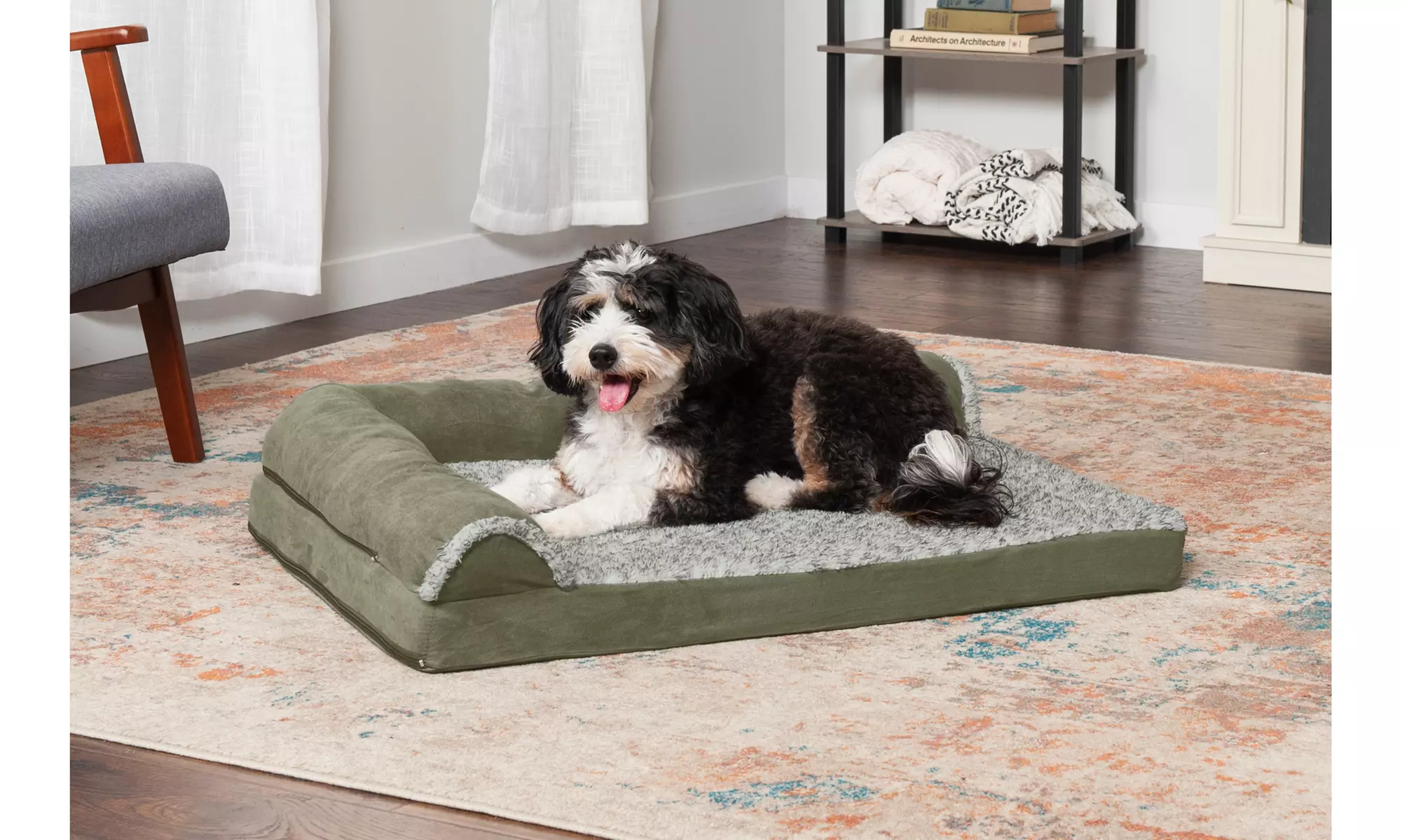 Two-Tone Faux Fur Pet Chaise Lounge Orthopedic and Memory Foam Dog Bed - Primary Image