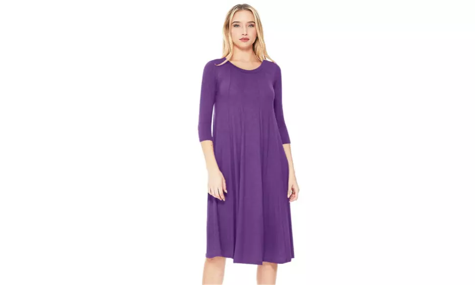 Women's Solid Round Neck 3/4 Sleeves A-line Casual Maxi Dress Made in USA