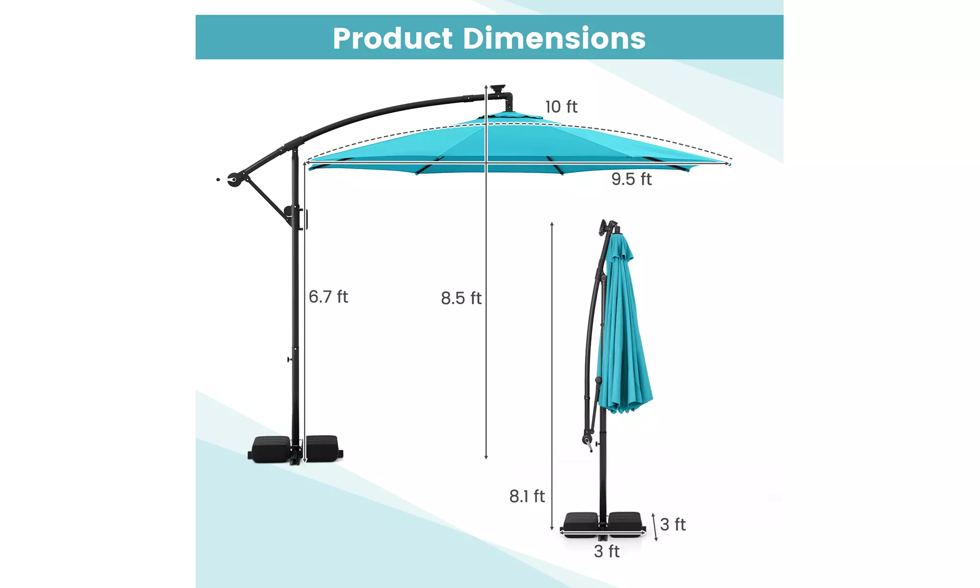 Costway 10 FT Solar Offset Hanging Umbrella with Base