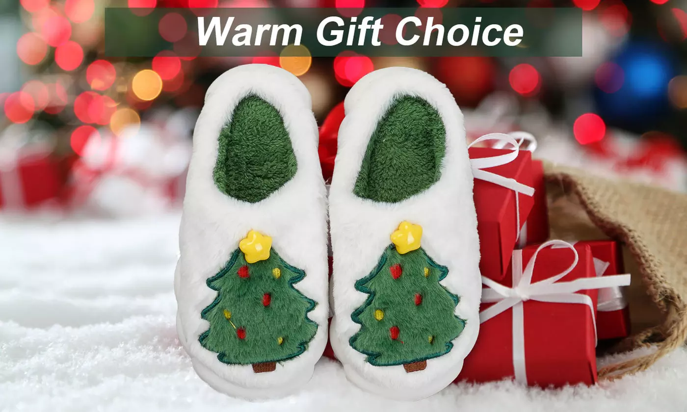 Cozy Christmas Tree Slippers Festive Plush House Shoes with Non-Slip Sole